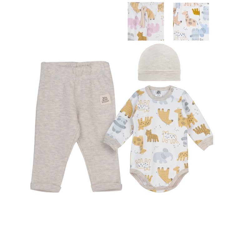 SET BODY, PANTALÓN Y GORRO. ESTAMPADO ANIMALITOS. BIG BAY