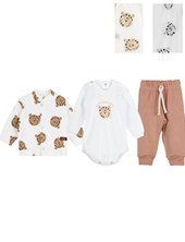 CONJUNTO BEBE BODY MANGA LARGA+ SAQUITO ESTAMPADO TIGRES Y PANTALON LISO CON CORDON. BIG BAY