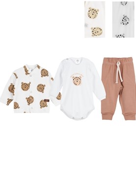 CONJUNTO BEBE BODY MANGA LARGA+ SAQUITO ESTAMPADO TIGRES Y PANTALON LISO CON CORDON. BIG BAY