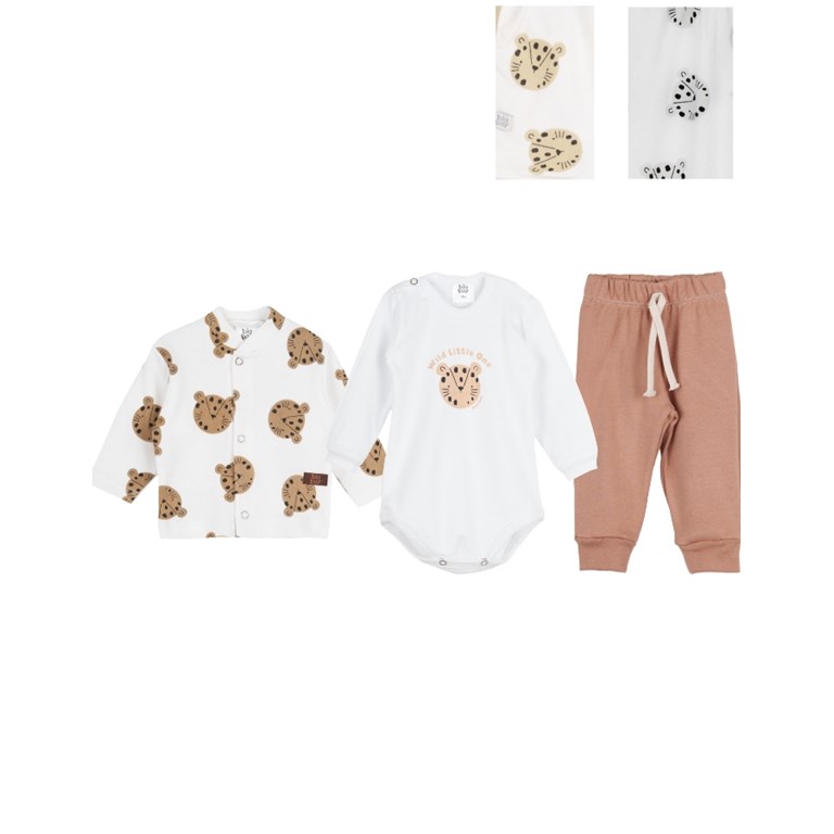 CONJUNTO BEBE BODY MANGA LARGA+ SAQUITO ESTAMPADO TIGRES Y PANTALON LISO CON CORDON. BIG BAY
