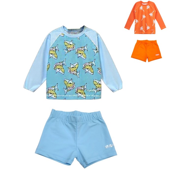 Conjunto UV+50: Remera manga larga estampada + Short. Big bay