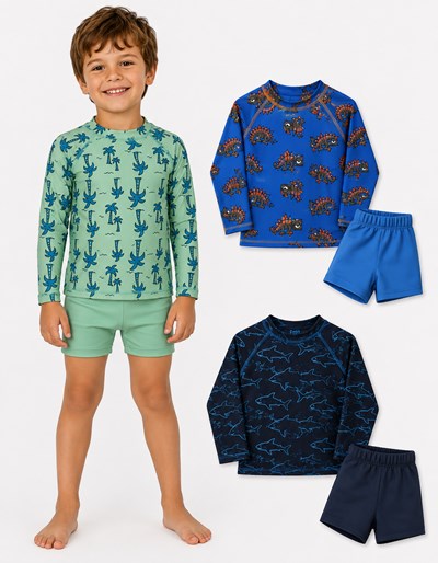 Conjunto UV+50: Remera manga larga estampada + Short. Big bay