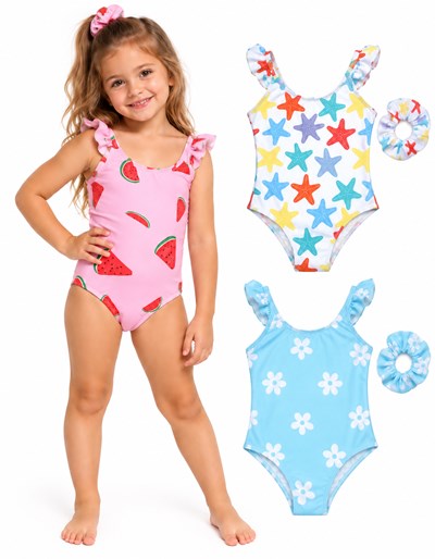 Malla enteriza UV+50 + colita pelo estampada nena. Big bay