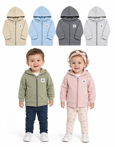 CAMPERA BEBE EN RUSTICO LISO CON CAPUCHA. BIG BAY