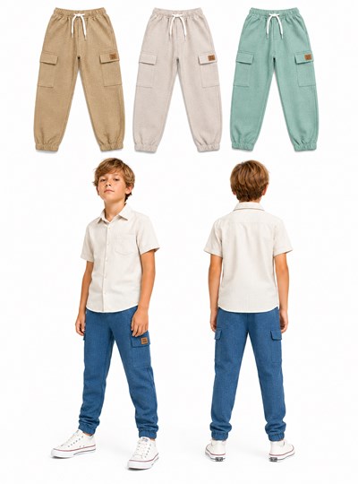 PANTALON JOGGER CARGO EN RUSTICO TEXTURADO PARA NENE. BIG BAY