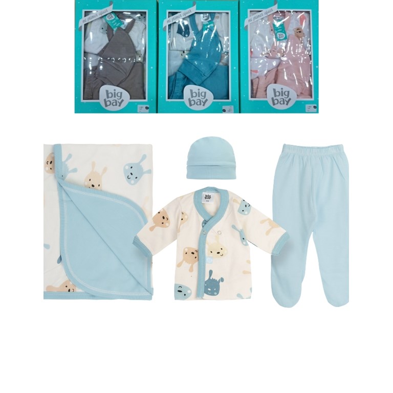 AJUAR MANTILLA + BATITA + OSITO + GORRO COMBINADO ESTRAMPA PERRITOS. BIG BAY