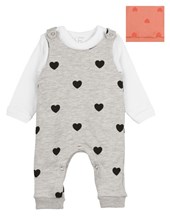 CONJUNTO JARDINERO FRISA ESTAMPADO CORAZONES + BODY MANGA LARGA. BIG BAY