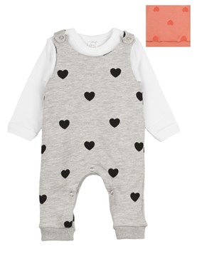 CONJUNTO JARDINERO FRISA ESTAMPADO CORAZONES + BODY MANGA LARGA. BIG BAY