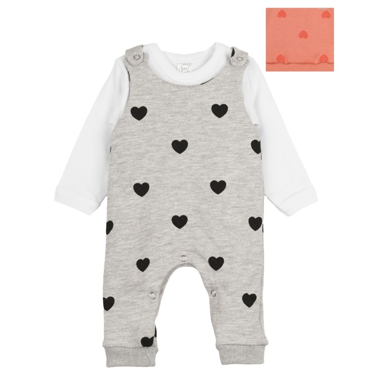 CONJUNTO JARDINERO FRISA ESTAMPADO CORAZONES + BODY MANGA LARGA. BIG BAY