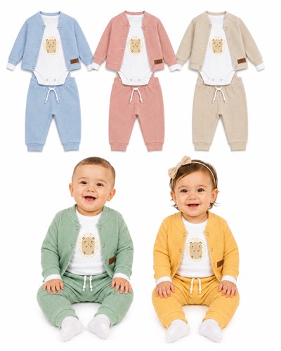 CONJUNTO WAFLE 3 PZS: BODY MANGA LARGA ALGODÓN + CAMPERITA + PANTALÓN . BIG BAY