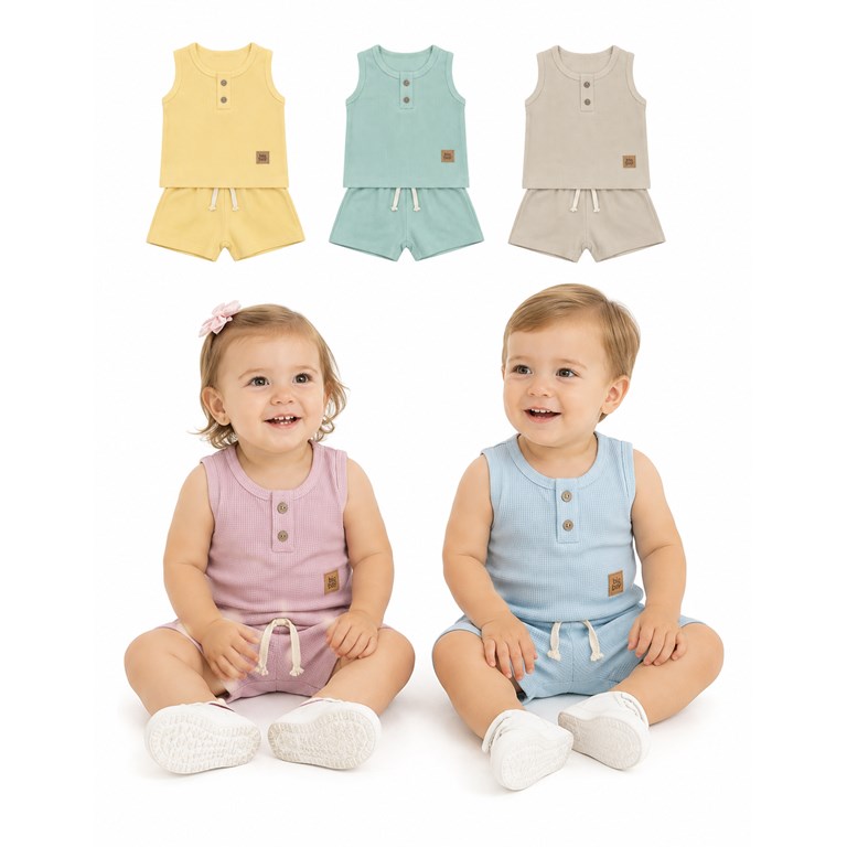 CONJUNTO BEBE, MUSCULOSA Y SHORT EN WAFFLE. BIG BAY