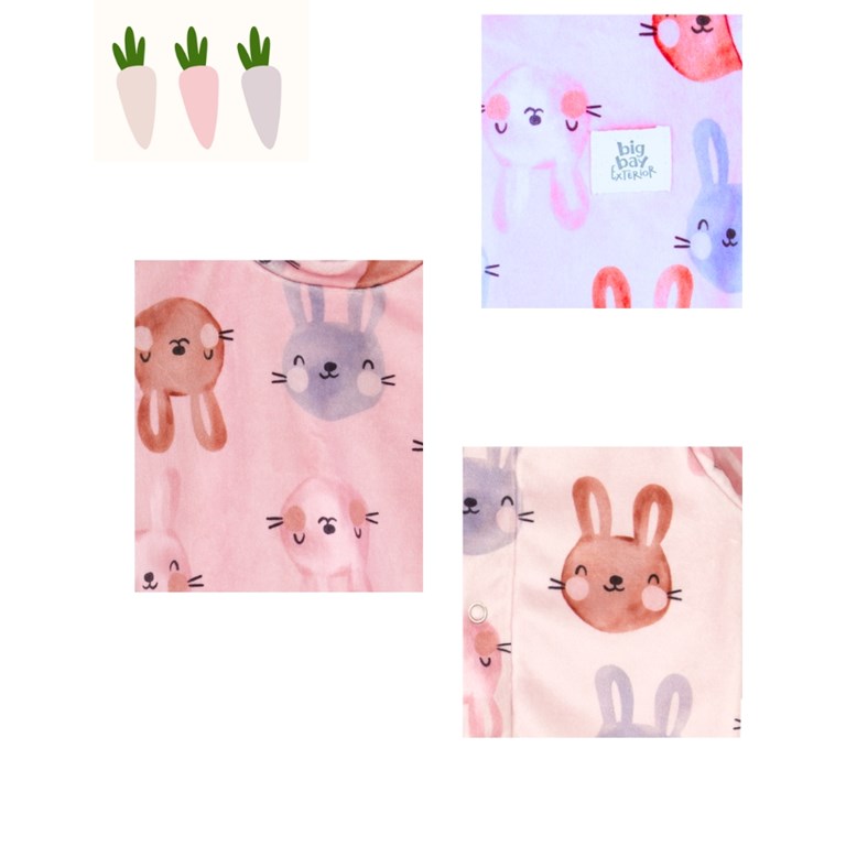 CONJUNTO JARDINERO PLUSH ESTAMPADO CONEJOS + BODY MANGA LARGA. BIG BAY