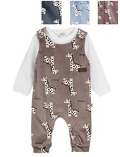 CONJUNTO BEBE JARDINERO DE PLUSH ESTAMPADO JIRAFAS + BODY MANGA LARGA. BIG BAY
