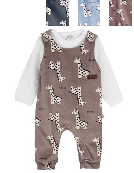 CONJUNTO BEBE JARDINERO DE PLUSH ESTAMPADO JIRAFAS + BODY MANGA LARGA. BIG BAY