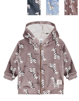 CAMPERA BEBE DE PLUSH CON CIERRE Y CAPUCHA ESTAMPADO JIRAFAS. BIG BAY