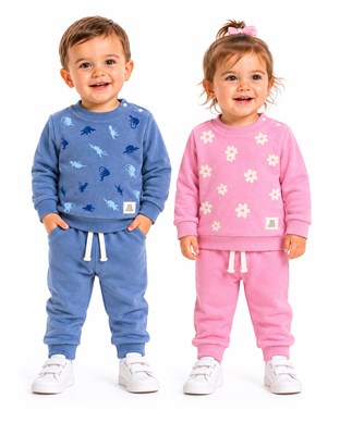 CONJUNTO PLUSH PARA BEBE Y BEBA BUZO ESTAMPADO, PANTALON LISO. BIG BAY