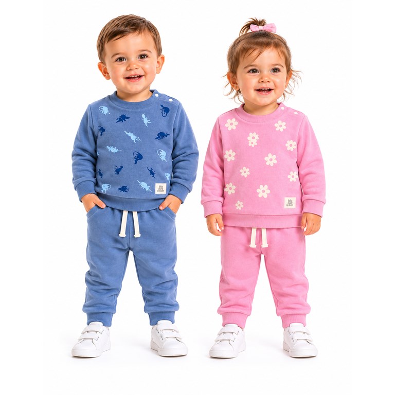 CONJUNTO PLUSH PARA BEBE Y BEBA BUZO ESTAMPADO, PANTALON LISO. BIG BAY
