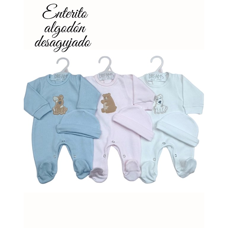 Enterito con pie desagujado de algodon combinado con bordado central y gorrito. colores unisex,nena y varon dreams