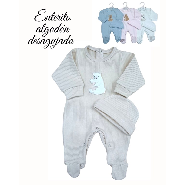 Enterito con pie desagujado de algodon combinado con bordado central y gorrito. colores unisex,nena y varon dreams