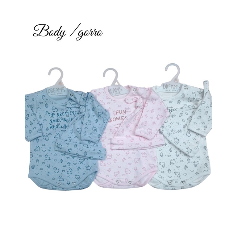 Set de body en interlock animalitos con gorro estampa central dreams