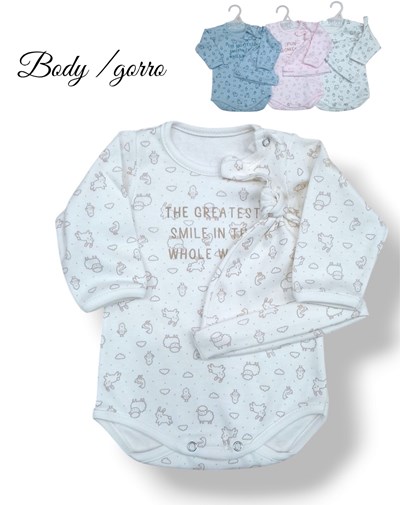 Set de body en interlock animalitos con gorro estampa central dreams