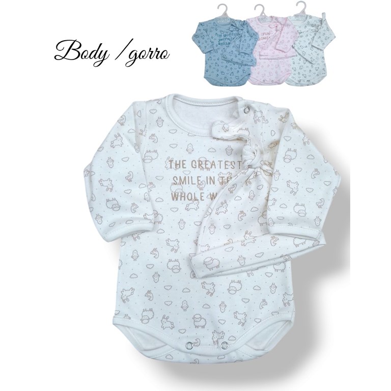 Set de body en interlock animalitos con gorro estampa central dreams