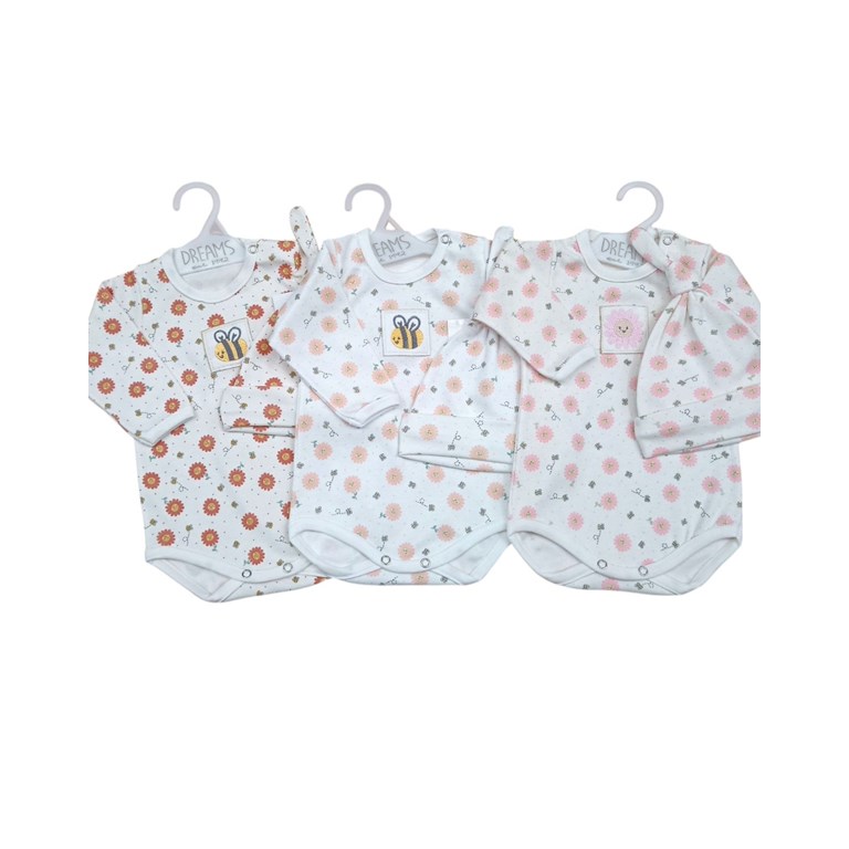 Body bebe interlock estampado flores con gorro y bordado central dreams
