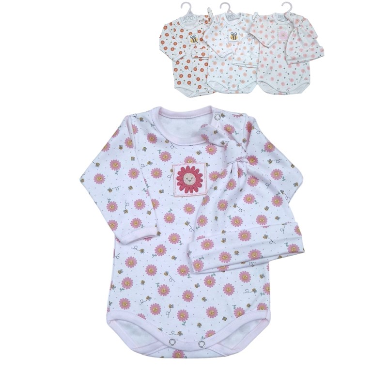 Body bebe interlock estampado flores con gorro y bordado central dreams