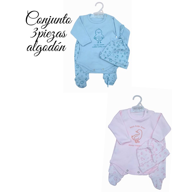 Set de body en interlock liso con estampa central combinado con rana y gorrito animalitos en colores unisex nena y varon dreams