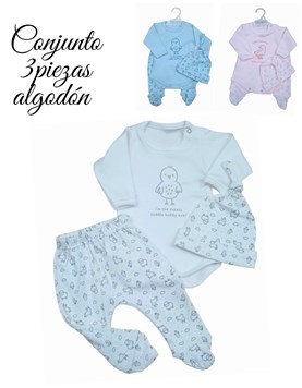 Set de body en interlock liso con estampa central combinado con rana y gorrito animalitos en colores unisex nena y varon dreams