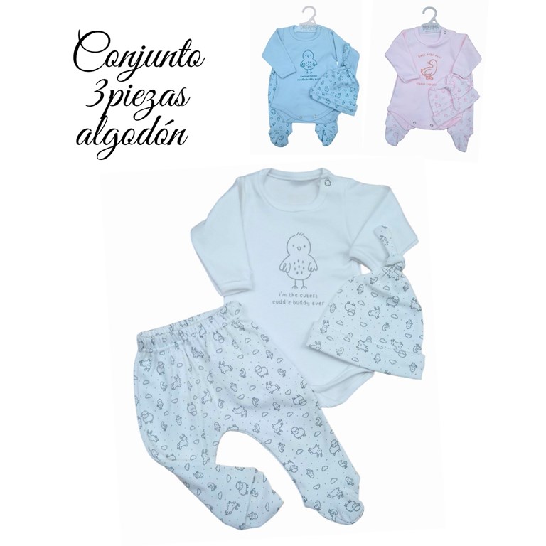 Set de body en interlock liso con estampa central combinado con rana y gorrito animalitos en colores unisex nena y varon dreams
