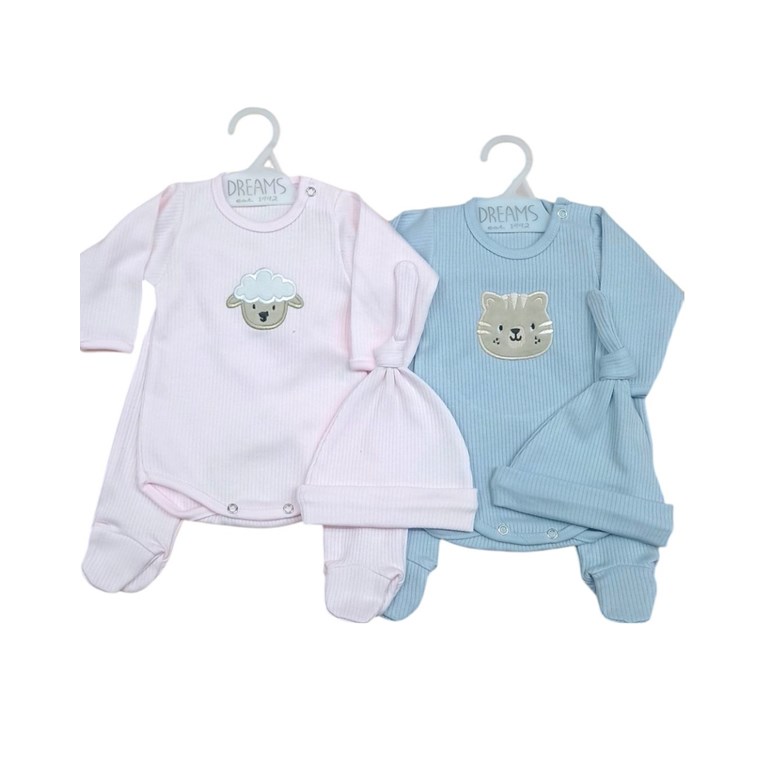 Set de body con bordado central con rana y gorrito en desagujado de algodon colores unisex nena y varon dreams