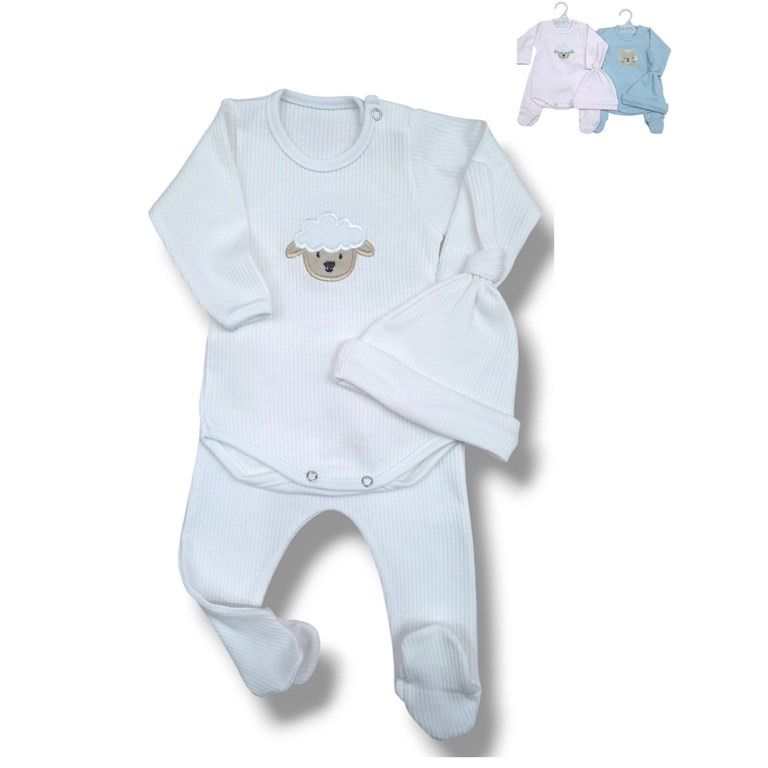 Set de body con bordado central con rana y gorrito en desagujado de algodon colores unisex nena y varon dreams