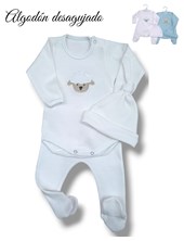 Set de body con bordado central con rana y gorrito en desagujado de algodon colores unisex nena y varon dreams