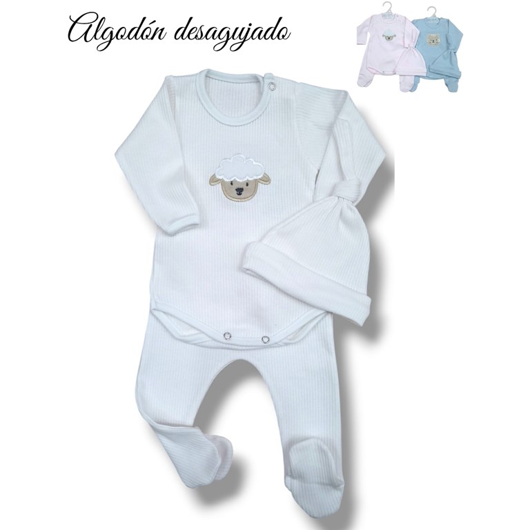 Set de body con bordado central con rana y gorrito en desagujado de algodon colores unisex nena y varon dreams