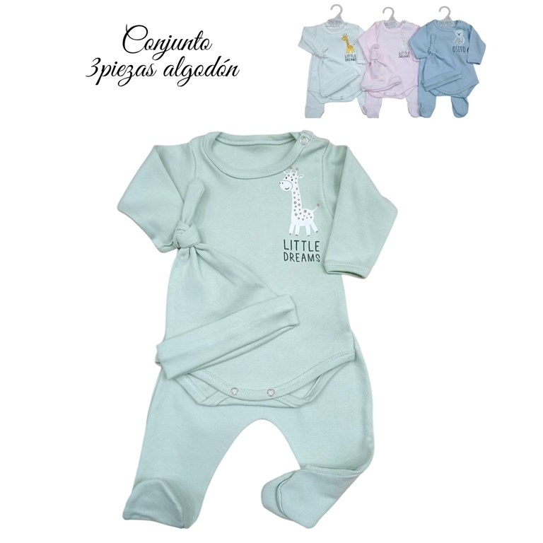 Set de body con estampa en frente rana y gorrito de interlock en algodon dreams