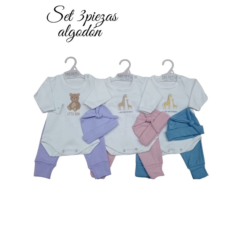 Set de body en interlock liso con estampa central ranita pantalon con pie revesible y goro en morley colores de nena y nene dreams