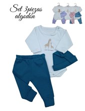 Set de body en interlock liso con estampa central ranita pantalon con pie revesible y goro en morley colores de nena y nene dreams