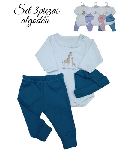 Set de body en interlock liso con estampa central ranita pantalon con pie revesible y goro en morley colores de nena y nene dreams