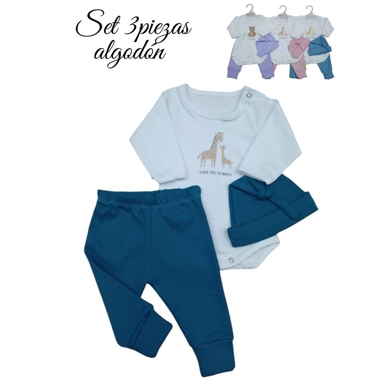 Set de body en interlock liso con estampa central ranita pantalon con pie revesible y goro en morley colores de nena y nene dreams