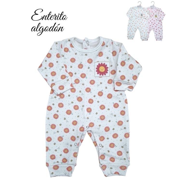 Enterito bebe interlock estampado flores sin pie bordado central nena dreams