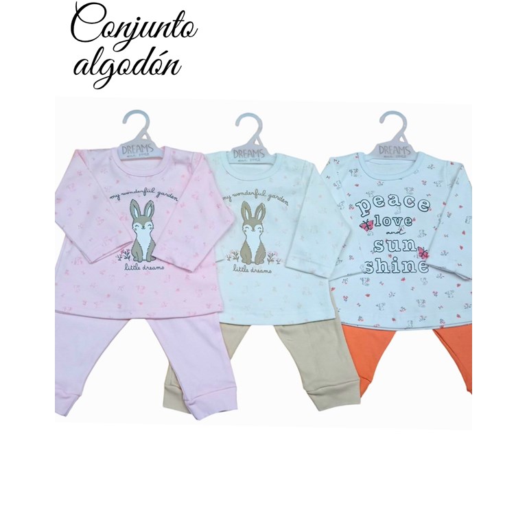 Conjunto de camiseta en interlock conejos y flores con estampa central colores de nena dreams