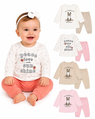 Conjunto de camiseta en interlock conejos y flores con estampa central colores de nena dreams
