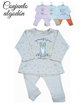 Conjunto de camiseta en interlock conejos y flores con estampa central colores de nena dreams