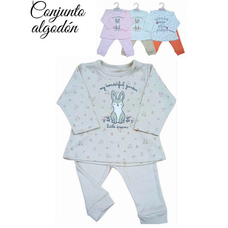 Conjunto de camiseta en interlock conejos y flores con estampa central colores de nena dreams