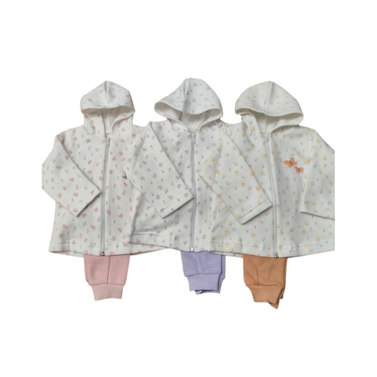 CONJUNTO BEBA EN FRISA CON CAPUCHA ESTAMPA MARIPOSAS. DREAMS