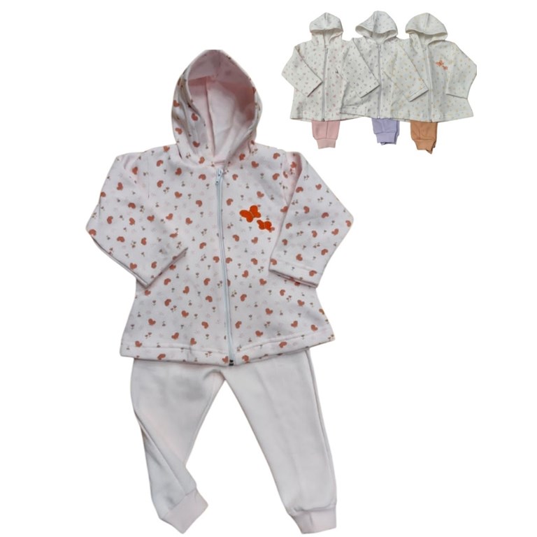 CONJUNTO BEBA EN FRISA CON CAPUCHA ESTAMPA MARIPOSAS. DREAMS