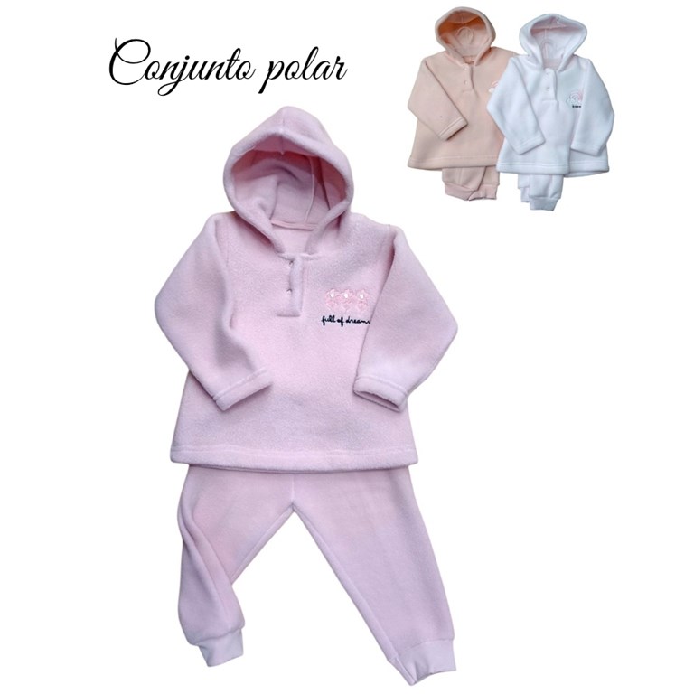 CONJUNTO BEBA DE POLAR BUZO CON CAPUCHA Y BORDADO. DREAMS