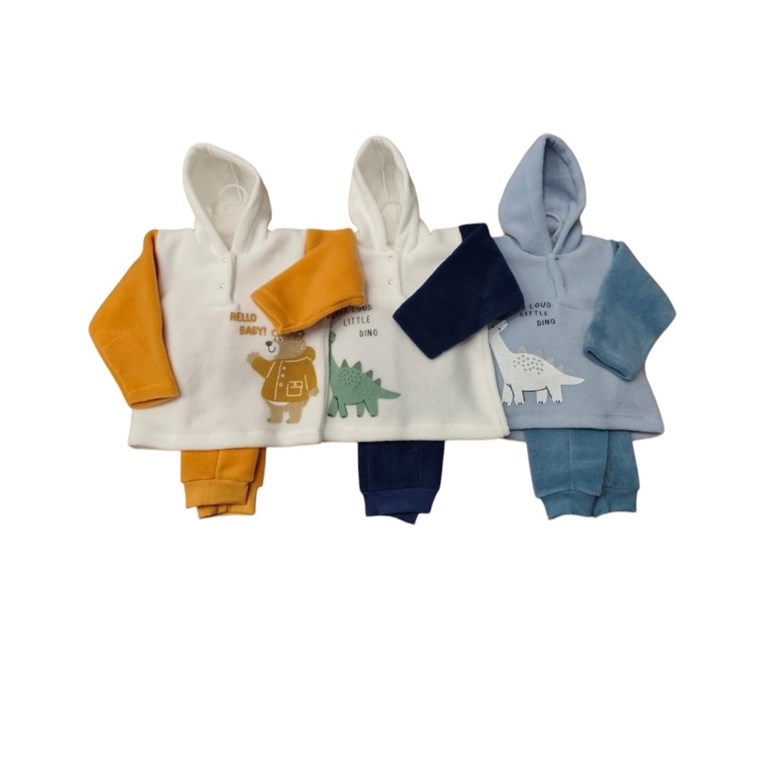 CONJUNTO DE BEBÉ EN POLAR, BUZO CON CAPUCHA, COMBINADO Y BORDADO. DREAMS