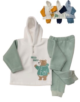 CONJUNTO DE BEBÉ EN POLAR, BUZO CON CAPUCHA, COMBINADO Y BORDADO. DREAMS